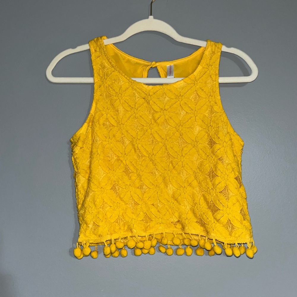 Xhilaration Yellow Textured Crop Top with Pom Pom Trim